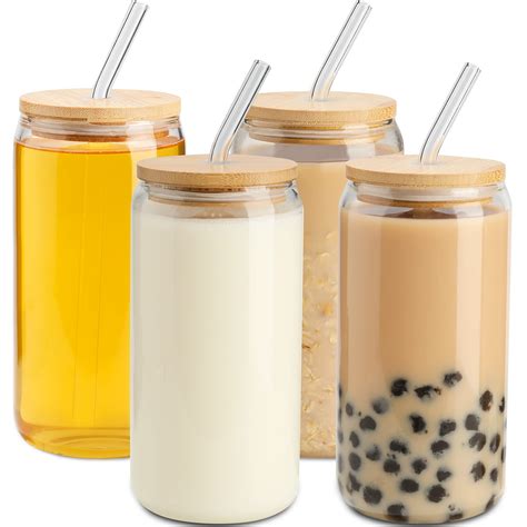 Buy Drinking Glass With Bamboo Lids And Glass Straws 4 Packs 16 Oz Can