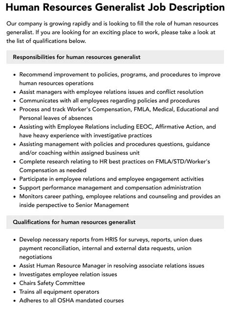Human Resources Generalist Job Description Salary More