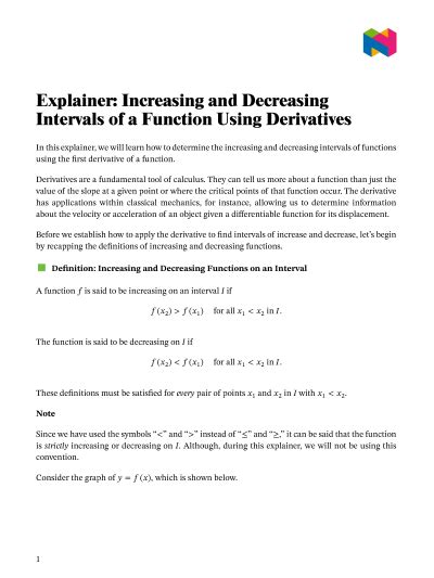 Lesson Explainer Increasing And Decreasing Intervals Of A Function Using Derivatives Nagwa