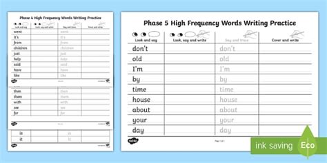 Phase 2 To 5 High Frequency Words Writing Practice Worksheet Pack