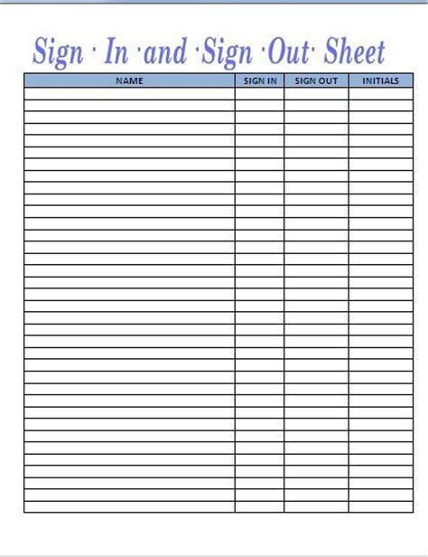 Printable Sign Out Sheet Template