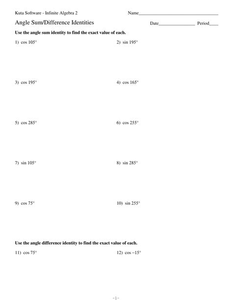 Sum And Difference Identities Worksheet Worksheet Angleworksheets Com