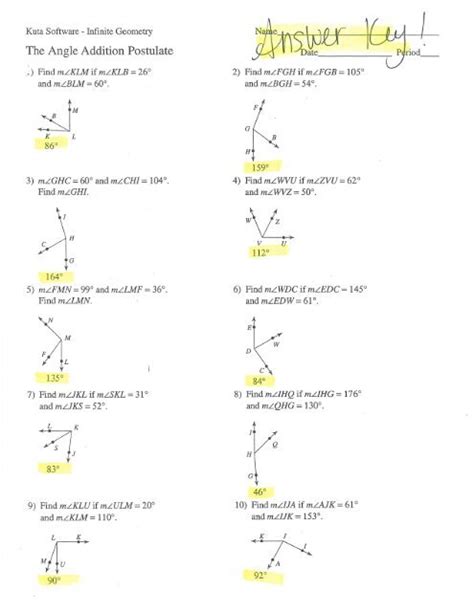 The Angle Addition Postulate Answer Key