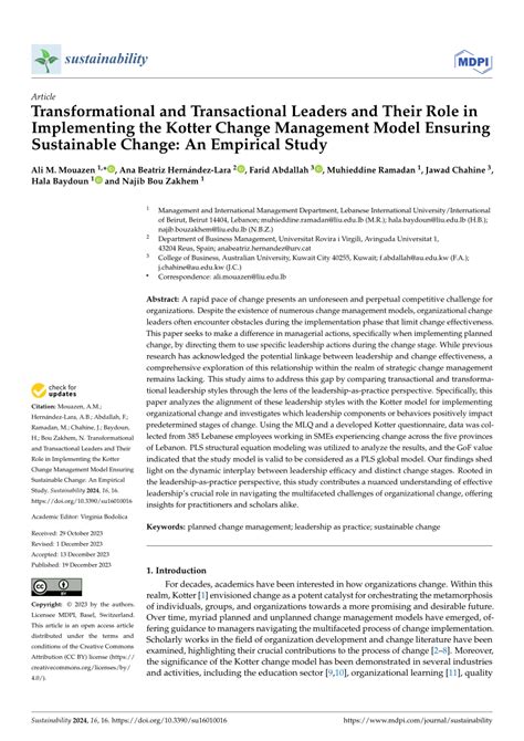 Transformational And Transactional Leaders And Their Role In Implementing The Kotter Change Management Model Ensuring Sustainable Change An Empirical Study